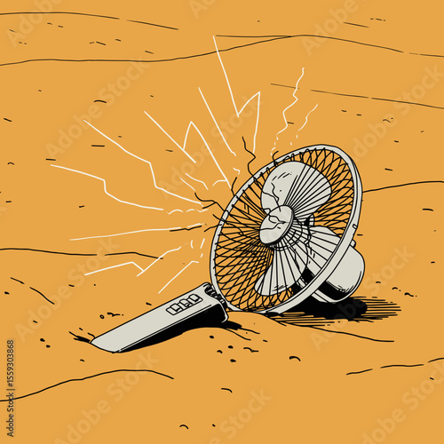 Broken electric fan overheating on hot desert ground