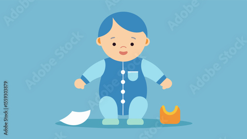 A toddler with developmental delays wearing a jumpsuit with hidden back zippers making diaper changes and dressing simpler for their caregivers.. Vector illustration