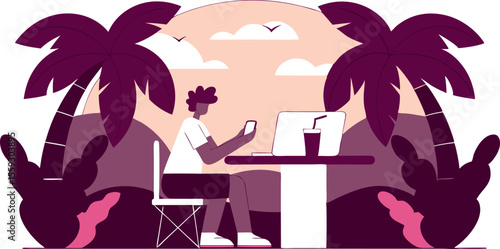 freelancer working from beachside cafe with laptop and smartphone vector illustration 