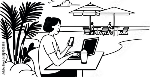 freelancer working from beachside cafe with laptop and smartphone vector illustration 