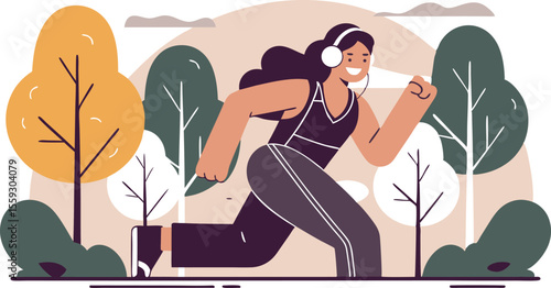 vector illustration of a happy young woman jogging in the park