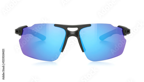 Modern sports sunglasses with blue mirrored lenses on a white background  