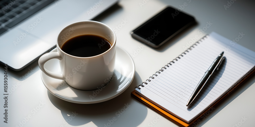 Coffee cup on a saucer beside a notepad and pen, with a smartphone and laptop in the background, creating a cozy workspace atmosphere for productivity and creativity Coffee cup on a saucer beside a notepad and pen, with a smartphone and laptop in the background, creating a cozy workspace atmosphere for productivity and creativity