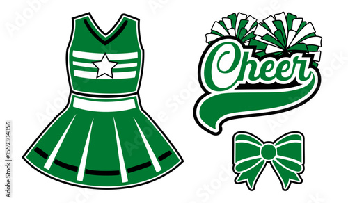 Cheerleader illustration, Green and White Cheerleader Uniform, Bow and a set of Pom-poms with Cheer Word. Vector cheerleading illustration.