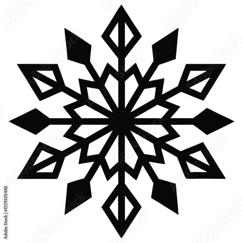  a simple, symmetrical snowflake design. The snowflake should be black on a white background 