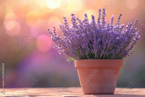 A vibrant lavender plant in a terracotta pot, bathed in warm sunlight and set against a soft, blurred background.