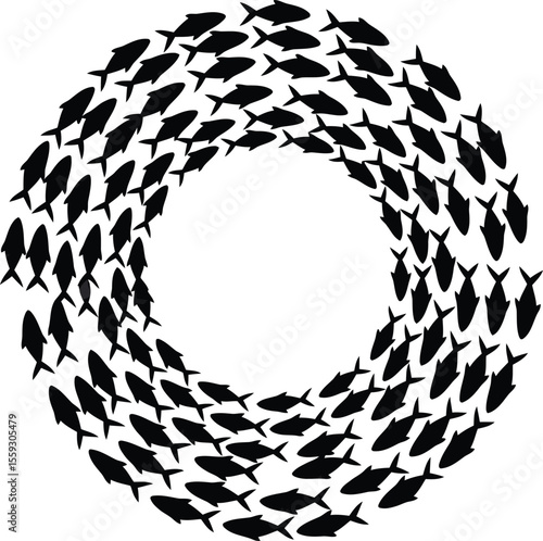 Circular School of Fish Black and White Silhouette Illustration