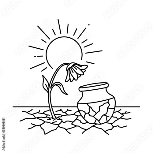 Drought icon with wilted flower and cracked soil
