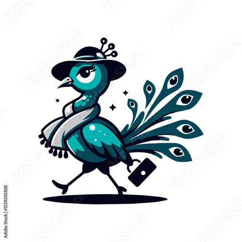 A peacock fashionista strutting with a stylish scarf, Cute Vector Mascot, 100% Vector & Editable