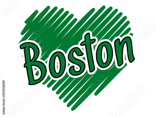 Cheerleader illustration, Green and White Heart with Boston Word. Vector cheerleading illustration.