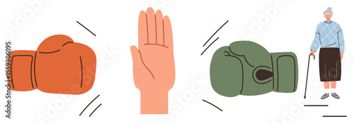 Red and green boxing gloves confront an open palm elderly woman with a cane stands adjacent. Ideal for peace, conflict, strength, aging, resolution, opposition, responsibility. Simple flat metaphor