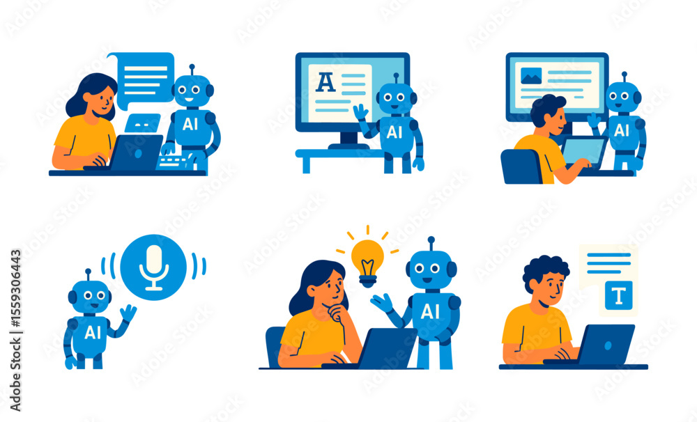 Set of AI and human interaction illustrations including robots using laptops, speech recognition, idea generation, and collaboration with users. Flat vector icons in blue, orange, and teal color palet