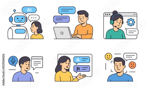 Set of communication and AI interaction illustrations including chatbot conversation, online messaging, customer support, voice input, translation, and emotion detection. Flat vector icons with pastel