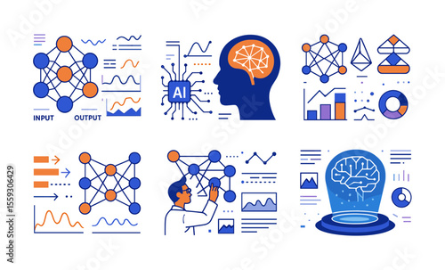 Set of machine learning and artificial intelligence illustrations including neural networks, brain circuits, data processing, and algorithm layers. Flat vector icons in blue, orange, and purple color 