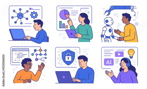 Set of technology and artificial intelligence illustrations including data analysis, coding, cybersecurity, machine learning, and human-robot interaction. Flat vector icons with bright color palette. 