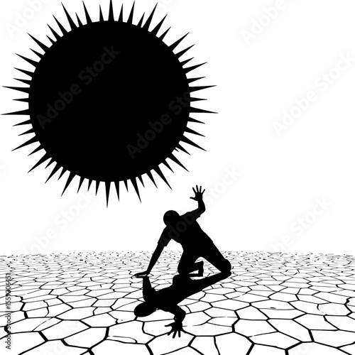 Silhouette man helping another under hot desert sun