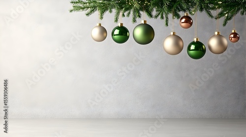 Festive Christmas ornaments hang against a grey wall, ready for product placement