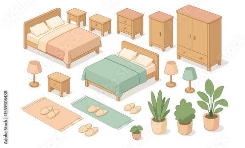 Isometric illustration of bedroom furniture set with two beds, nightstands, lamps, wardrobe, dresser, slippers, rugs, and potted plants. Flat vector drawing isolated on white background. Home interior