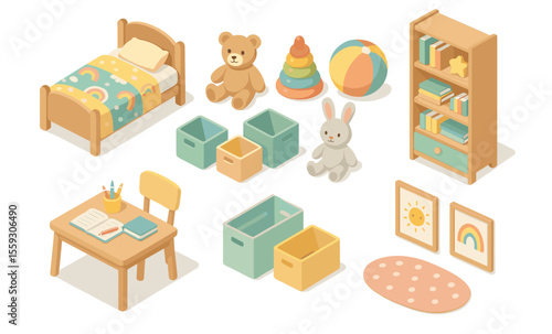 Isometric illustration of children's bedroom interior with single bed, desk and chair, toys, bookshelf, storage boxes, wall decor, and rug. Flat vector drawing isolated on white background. Kids room 