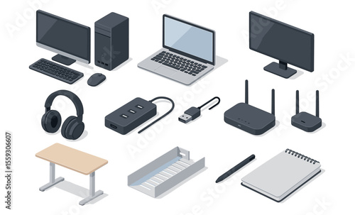 Isometric illustration of modern office and tech equipment including desktop computer, laptop, monitor, keyboard, mouse, headphones, USB hub, router, notepad, pen, desk, and document tray. Flat vector