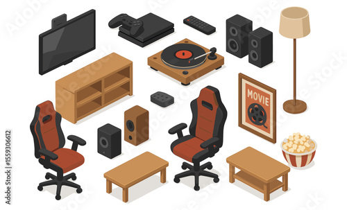 Isometric illustration of home entertainment room interior elements including TV, gaming console, controller, remote, turntable, speakers, chairs, tables, lamp, TV stand, wall art, and popcorn bowl. F