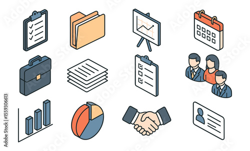 Isometric illustration of business and office icons including checklist, folder, chart, calendar, briefcase, documents, pie chart, bar graph, handshake, team, and ID card. Flat vector drawing isolated