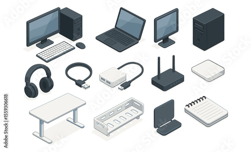 Isometric illustration of modern office and tech equipment including desktop computer, laptop, monitor, keyboard, mouse, headphones, USB hub, router, notepad, pen, desk, and document tray. Flat vector