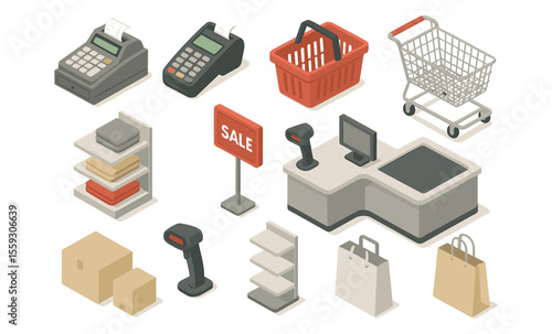 Isometric illustration of retail store equipment and items including cash register, POS terminal, barcode scanner, checkout counter, shopping cart, basket, shelves, sale sign, paper bags, boxes, and f