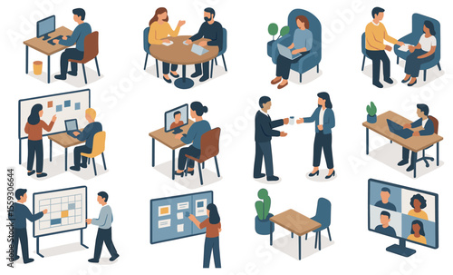 Isometric illustration of business teamwork and office communication scenes including people working at desks, discussing, shaking hands, presenting at whiteboards, attending video conference, and usi