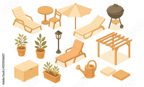 Isometric illustration of backyard garden and patio elements including sun loungers, table, chairs, umbrella, barbecue grill, pergola, potted plants, garden lamp, watering can, and storage box. Flat v