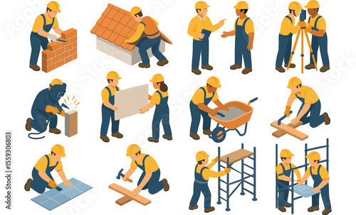 Set of isometric construction workers performing tasks such as bricklaying, roofing, welding, tiling, plasterboard installation, scaffolding setup, surveying, planning, and supervising. People in safe