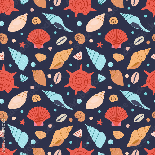 Seamless pattern with colorful seashells, starfishes and marine elements. Bright summer design for beach themed products, packaging or textile. Vector illustration on dark blue background, hand drawn