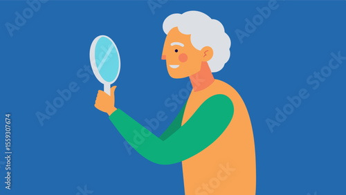 An older adult using a mirror to watch their mouth movements as they practice speech exercises with a the aiming for precision and clarity.. Vector illustration
