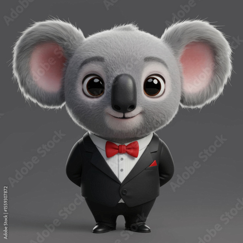 Cute Koala in Tuxedo 3D Illustration Adorable Cartoon Bear Wearing Suit and Bow Tie