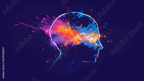 Colorful Mind Explosion, Abstract Profile, Dark Background, Creative Concept