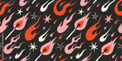 Seamless pattern with dynamic flaming match, flames, fire and stars on black background. Trendy vector illustration in y2k aesthetic, vintage, old school tattoo neo tribal style, hand drawn
