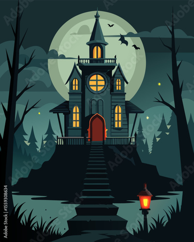 In the abandoned mansion a lone gaslight flickered menacingly as if being controlled by an unseen force.. Vector illustration