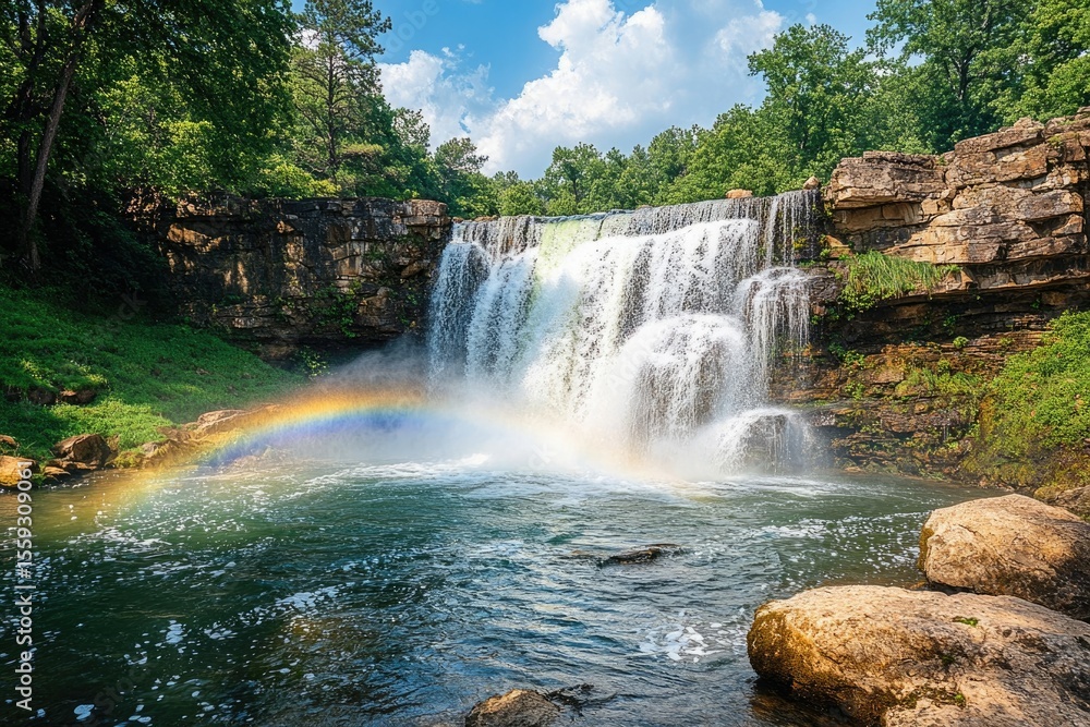 Fototapeta premium A picturesque waterfall cascading over rocks with a vibrant rainbow forming at its base on a sunny day.