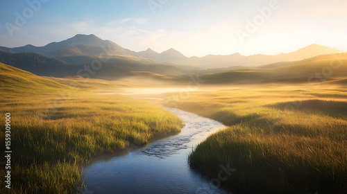 Scenic River Valley at Sunrise: A tranquil view of a gentle river flowing through a grassy valley, bathed in the warm glow of the morning sun.