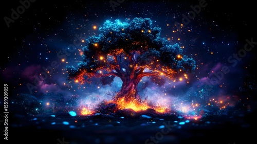 Magical glowing tree, fiery base, night forest, fantasy art, game design