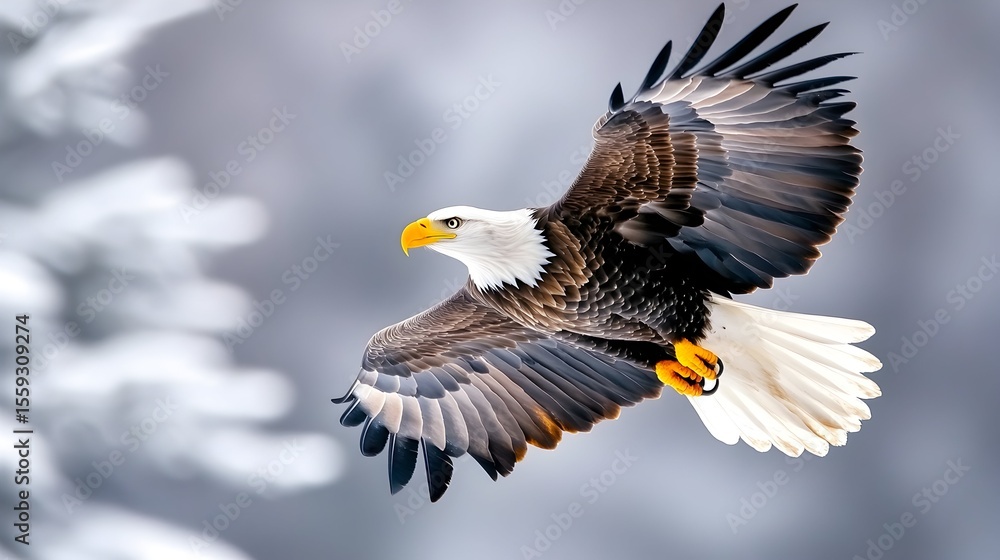 Fototapeta premium Bald eagle soaring, snowy forest, winter wildlife, nature