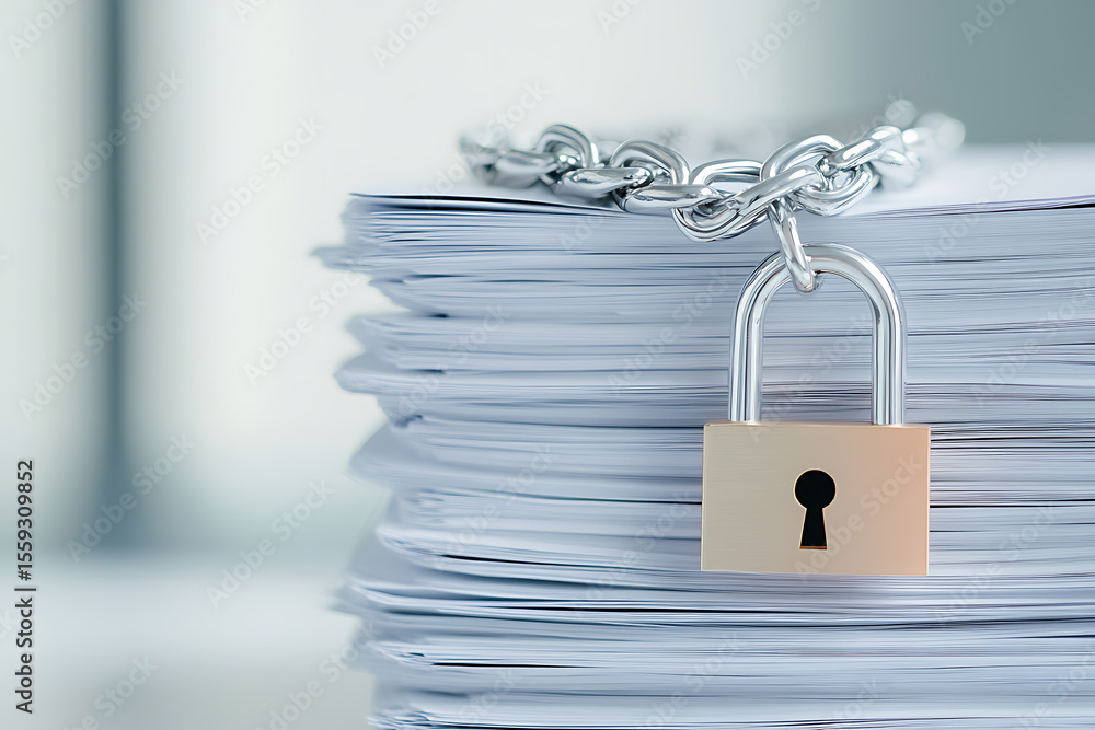 Naklejka premium A stack of documents is secured with a metal chain and padlock, symbolizing data protection and information security in a bright, modern office setting.