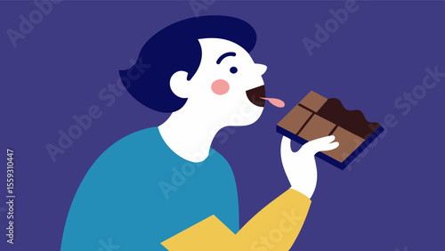 Show a person taking a bite of dark chocolate emphasizing its flavonoids that can improve brain function and mood.. Vector illustration