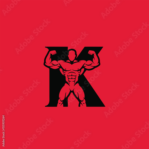 Letter K Logo with Muscular Bodybuilder Silhouette on Red Background