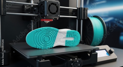 A 3D printer with a printed object made of plastic - shoe sole, on the background of additive manufacturing and modernity