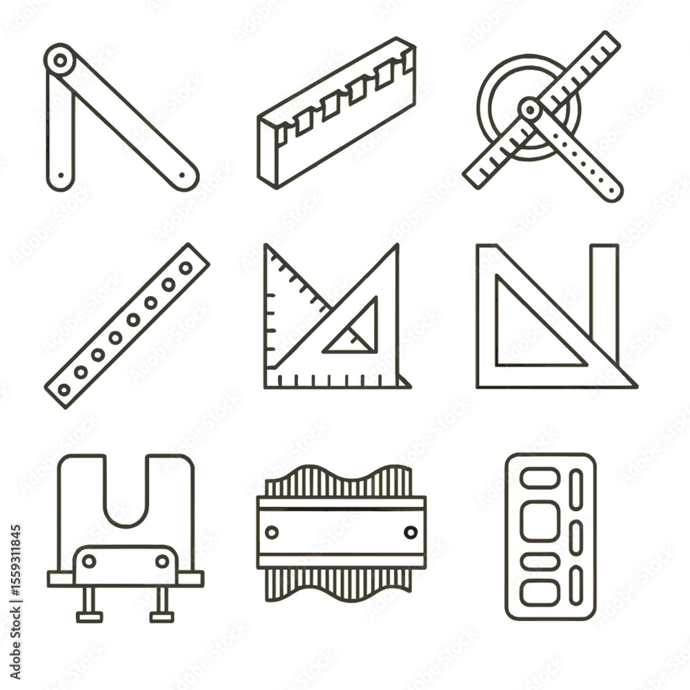 Fototapeta premium Line Style Measuring Tools. Line style icons of measuring templates and jigs: angle template, dovetail jig, circle cutter guide,