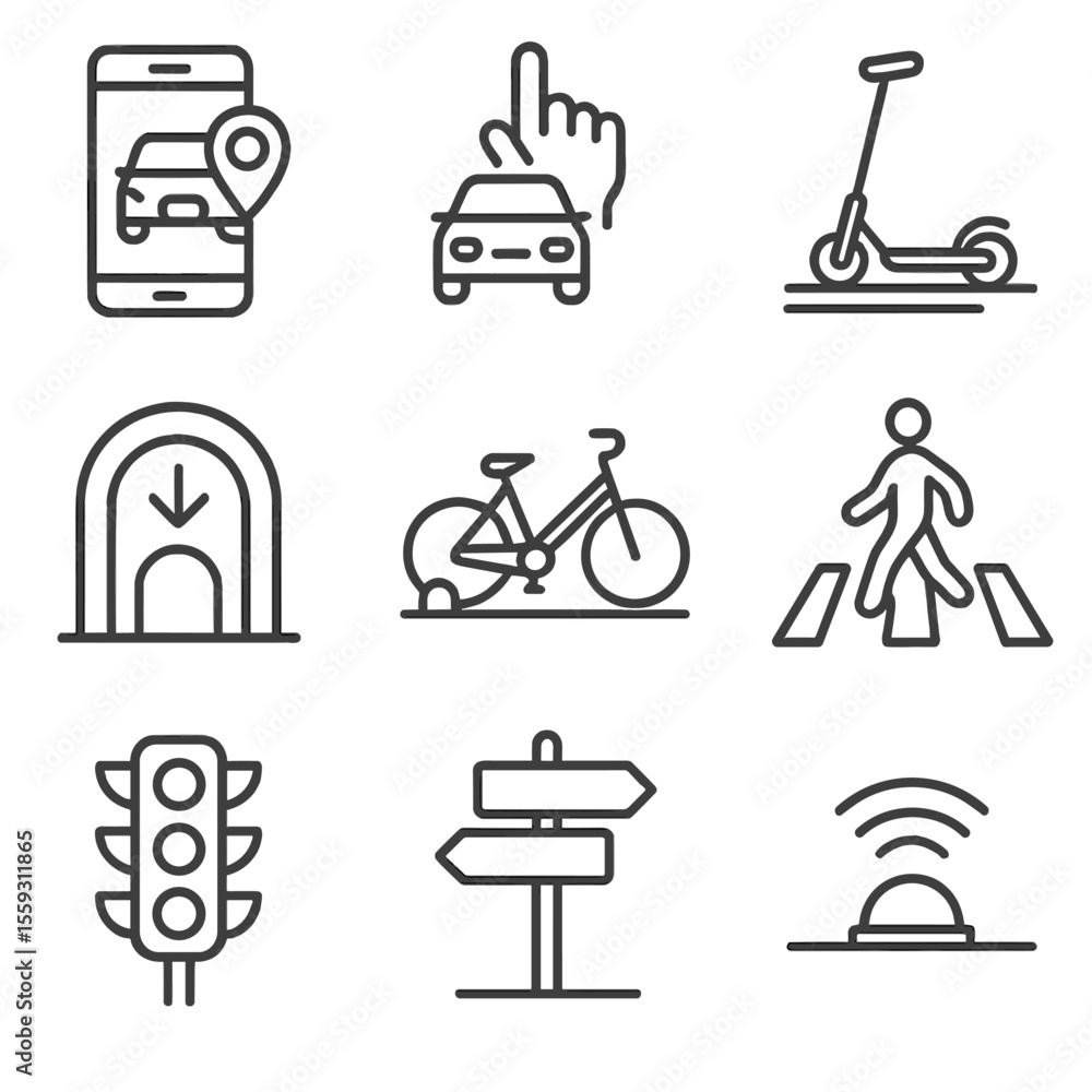 Urban Mobility Icons. Line style icons of urban mobility: car sharing app, ride hailing icon, electric scooter on sidewalk, metro Urban Mobility Icons. Line style icons of urban mobility: car sharing app, ride hailing icon, electric scooter on sidewalk, metro