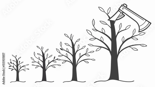 Axe Falling on Growing Trees Deforestation Concept Illustration.