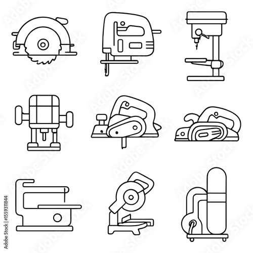 Woodworking Tools Icons. Line style icons of power woodworking tools: circular saw, jigsaw, drill press, router, electric planer,