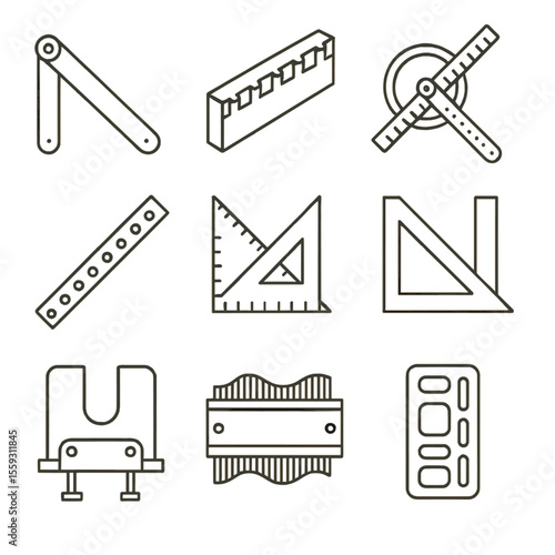 Line Style Measuring Tools. Line style icons of measuring templates and jigs: angle template, dovetail jig, circle cutter guide,